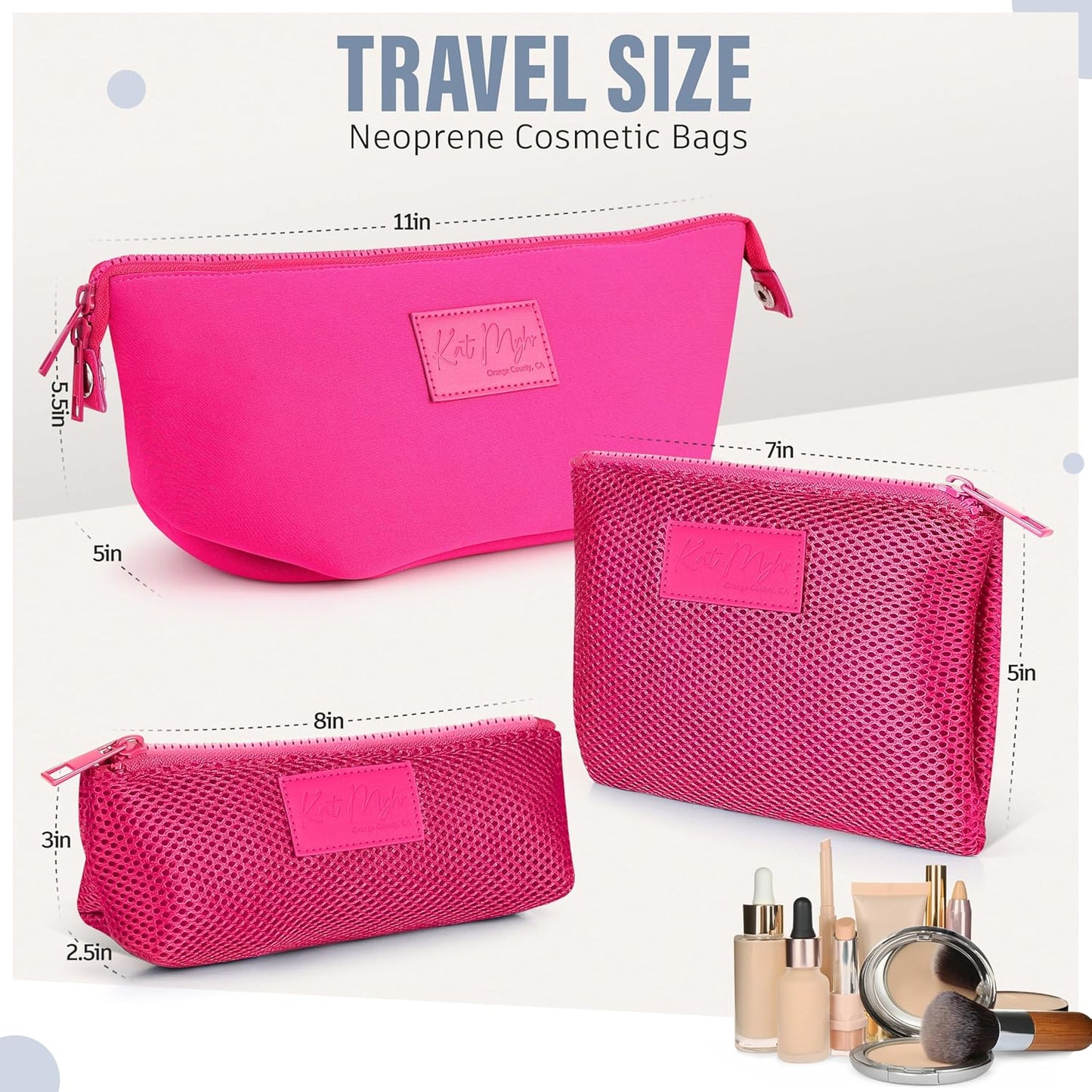 Kat Myhr Neoprene Washable Travel Makeup & Cosmetic Bag Set, 2 Air Mesh Pouches,100% Neoprene Toiletry Bag, Large Water Resistant Travel Bag for Toiletries, Makeup Cosmetic Travel Bag (Fuchsia Pink)