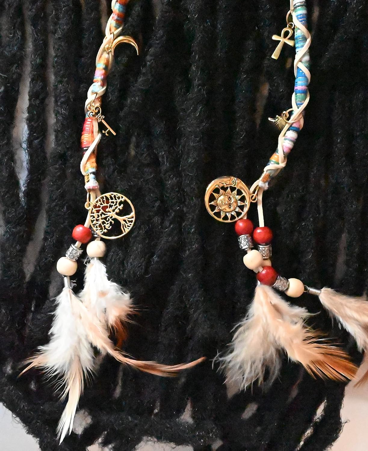 2 PCS Hippie Hair Extension Dreadlocks Hairclip Feather Beads Pendant Colorful Dread Accessory for Braids and Curls