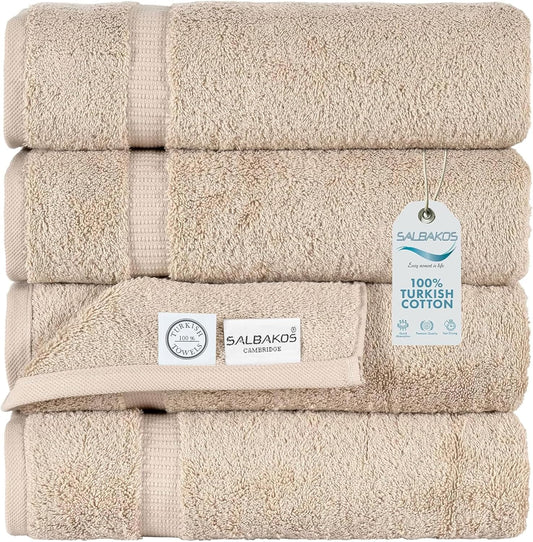 SALBAKOS 100% Turkish Cotton Bath Towel Set of 4 27x54 inch | Heirloom Quality | Hotel & Spa Collection | Ultra Soft, Super Absorbent, Long Lasting Bath Towels | Made in Turkey (Taupe, 4 Bath Towels)