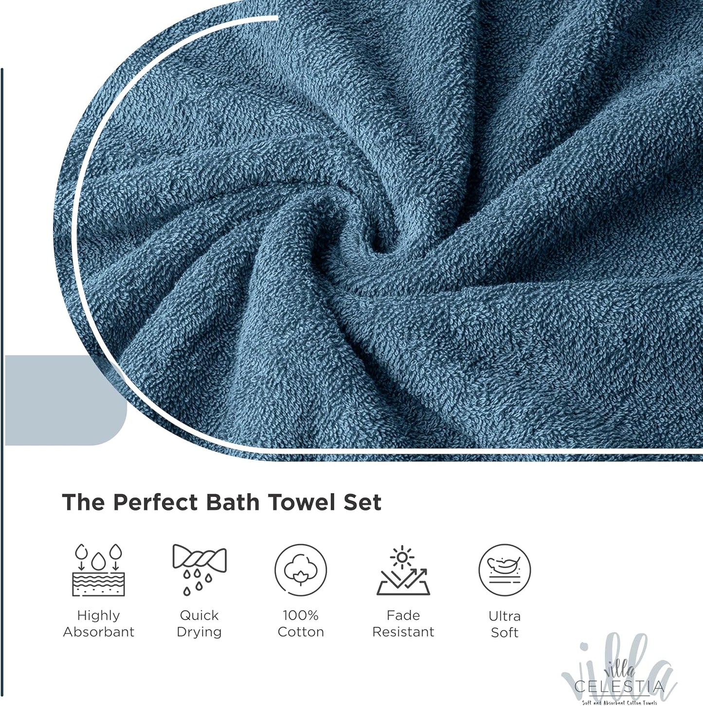 100% Cotton Bath Towel Set of 12-4 Bath Towels, 4 Hand Towels, 4 Wash Cloths, Sustainable, Soft, Highly Absorbent, Combed Cotton 12 Piece Set for Hotels, Spa, Bathroom, Dorm, Blue