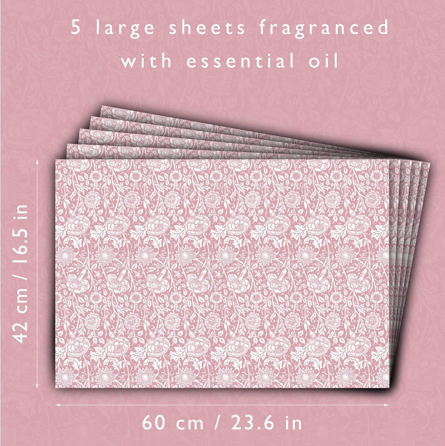Rose Scented Drawer Liners in a Pink William Morris Design. Contains Rose Essential Oil | Pack of 5 Folded Sheets | Contains Essential Oils | Made in The UK.