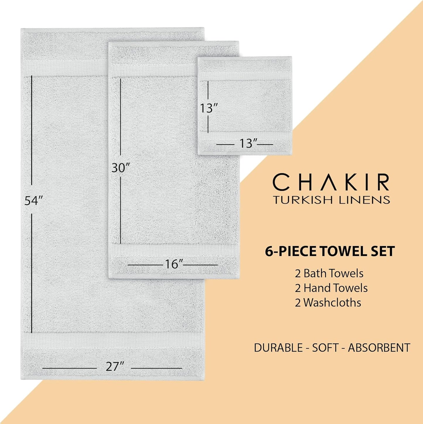 Chakir Turkish Linens Luxury Spa and Hotel Quality Premium Cotton 6-Piece Towel Set (2 x Bath Towels, 2 x Hand Towels, 2 x Washcloths, Silver Gray)