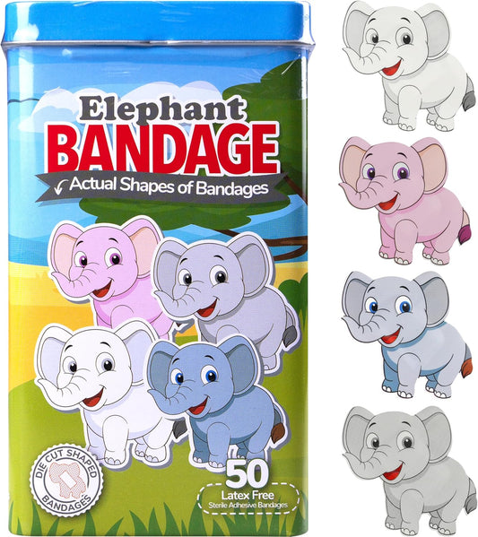 BioSwiss Kids Bandages, Elephant Shaped Self Adhesive Bandage, Latex Free, Sterile Wound Care, 50 Count