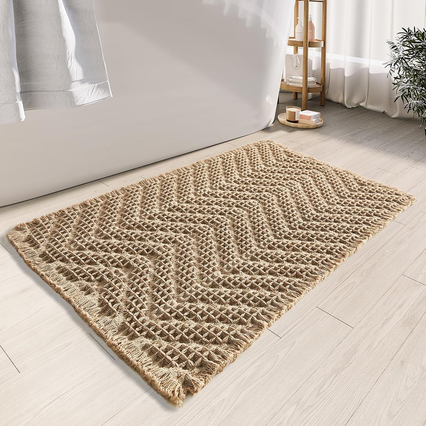 Bathroom Rugs Super Absorbent Boho Bath Mats Non Slip Washable Rugs for Bathroom Quick Dry Floor Mat, Ultra Soft Waffle Bath Mat,Brown,17"*24"