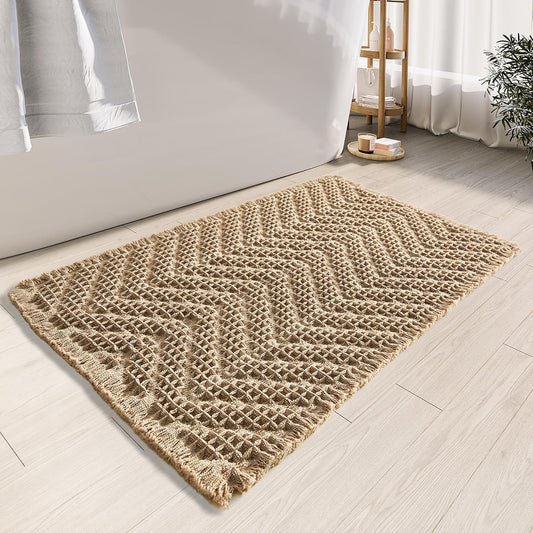 Bathroom Rugs Super Absorbent Boho Bath Mats Non Slip Washable Rugs for Bathroom Quick Dry Floor Mat, Ultra Soft Waffle Bath Mat,Brown,17"*24"