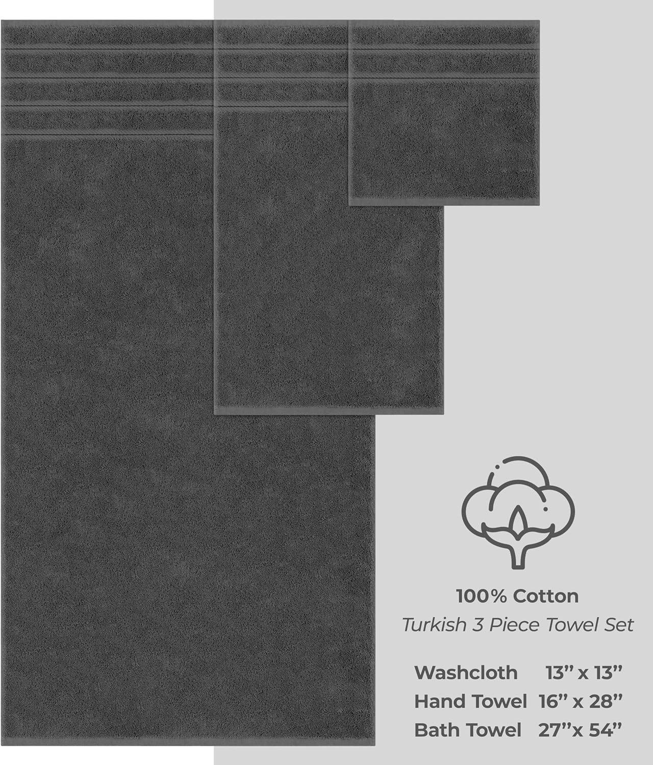 American Soft Linen Premium 3 Piece Towel Set, 1 Bath Towel 1 Hand Towel 1 Washcloth, 600 GSM 100% Cotton Turkish Towels for Bathroom, Dark Gray Towel Set