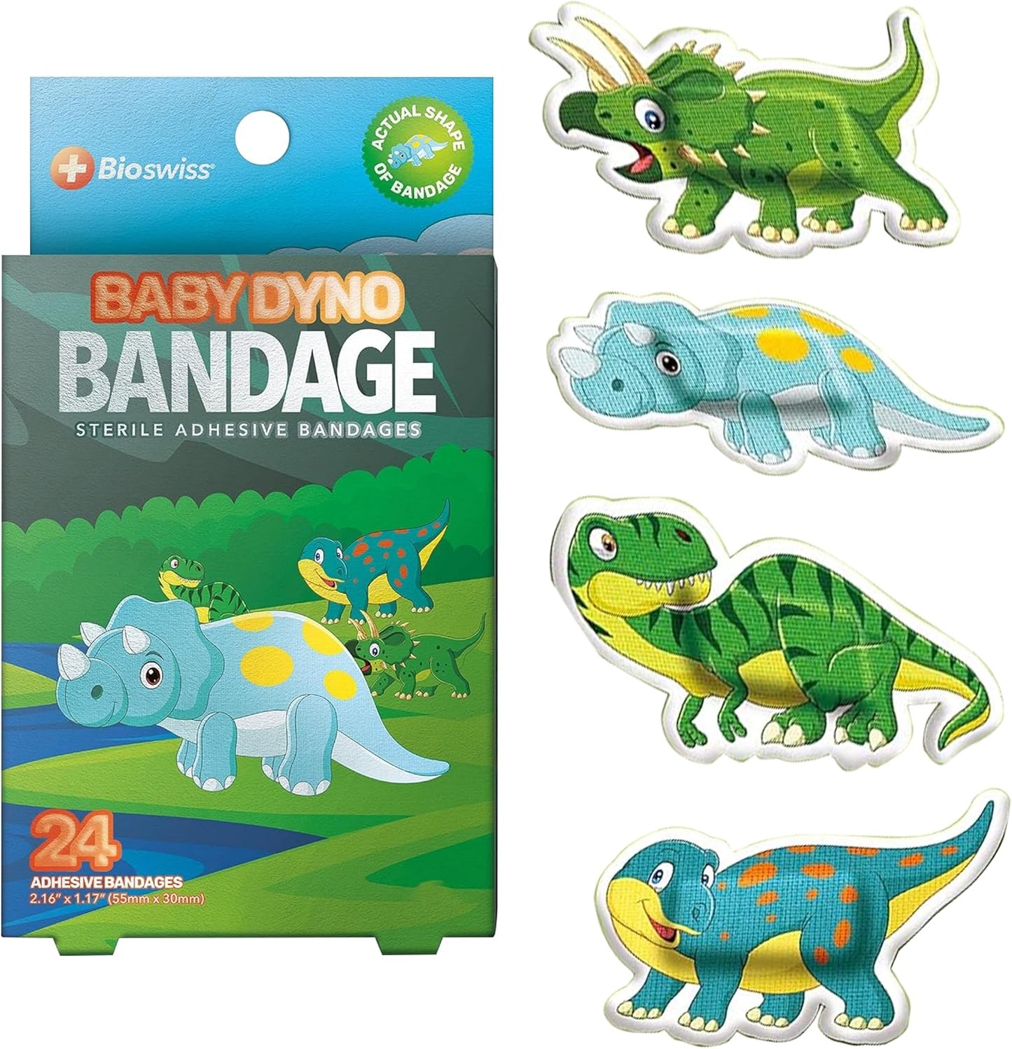 BioSwiss Kids Bandages, Baby Dino Shaped Self Adhesive Bandage Set, Latex Free, Sterile Wound Care, 24 Count