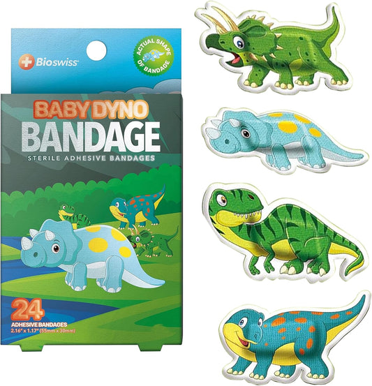 BioSwiss Kids Bandages, Baby Dino Shaped Self Adhesive Bandage Set, Latex Free, Sterile Wound Care, 24 Count