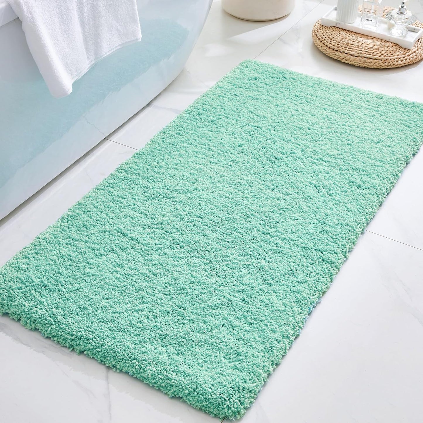 ILANGO Spa Blue Bathroom Rugs 60" × 24" Non Slip & Super Absorbent Thick Soft, Washable Bath Carpet Runner for Floor, Microfiber Plush Shaggy Bath Mats with Rubber for Bedroom Bathtub Shower Room