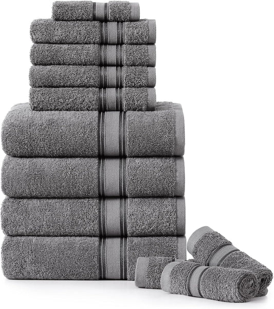 LANE LINEN Luxury Bath Towels Set - 12 Piece, 100% Cotton, Zero Twist, Super Soft & Absorbent, Includes 4 Bath Towels, 4 Hand Towels, 4 Washcloths - Cool Grey