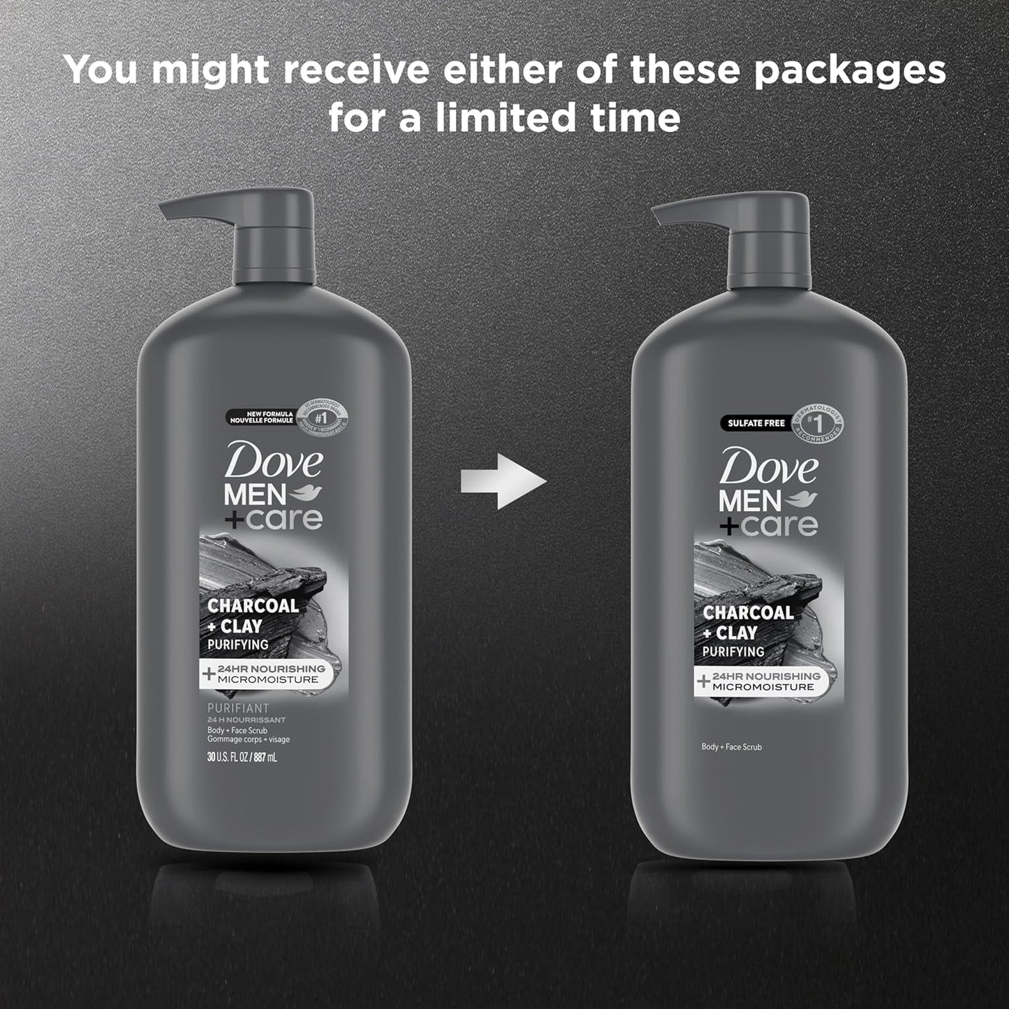 DOVE MEN + CARE Body and Face Scrub Charcoal + Clay Body Wash for Men with 24-Hour Nourishing Micromoisture Technology 30 oz