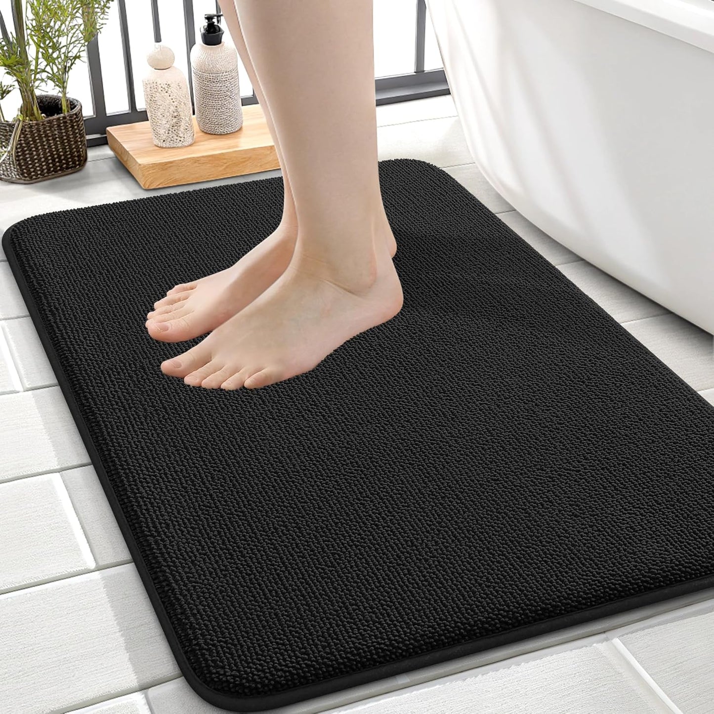 OLANLY Thick Memory Foam Bath Mat Rug 24x16, Extra Soft Absorbent Bathroom Rug, Quick Dry Bath Mats, Non-Slip, Machine Washable Carpet for Bathroom, Tub and Shower, Home Decor Accessories, Black