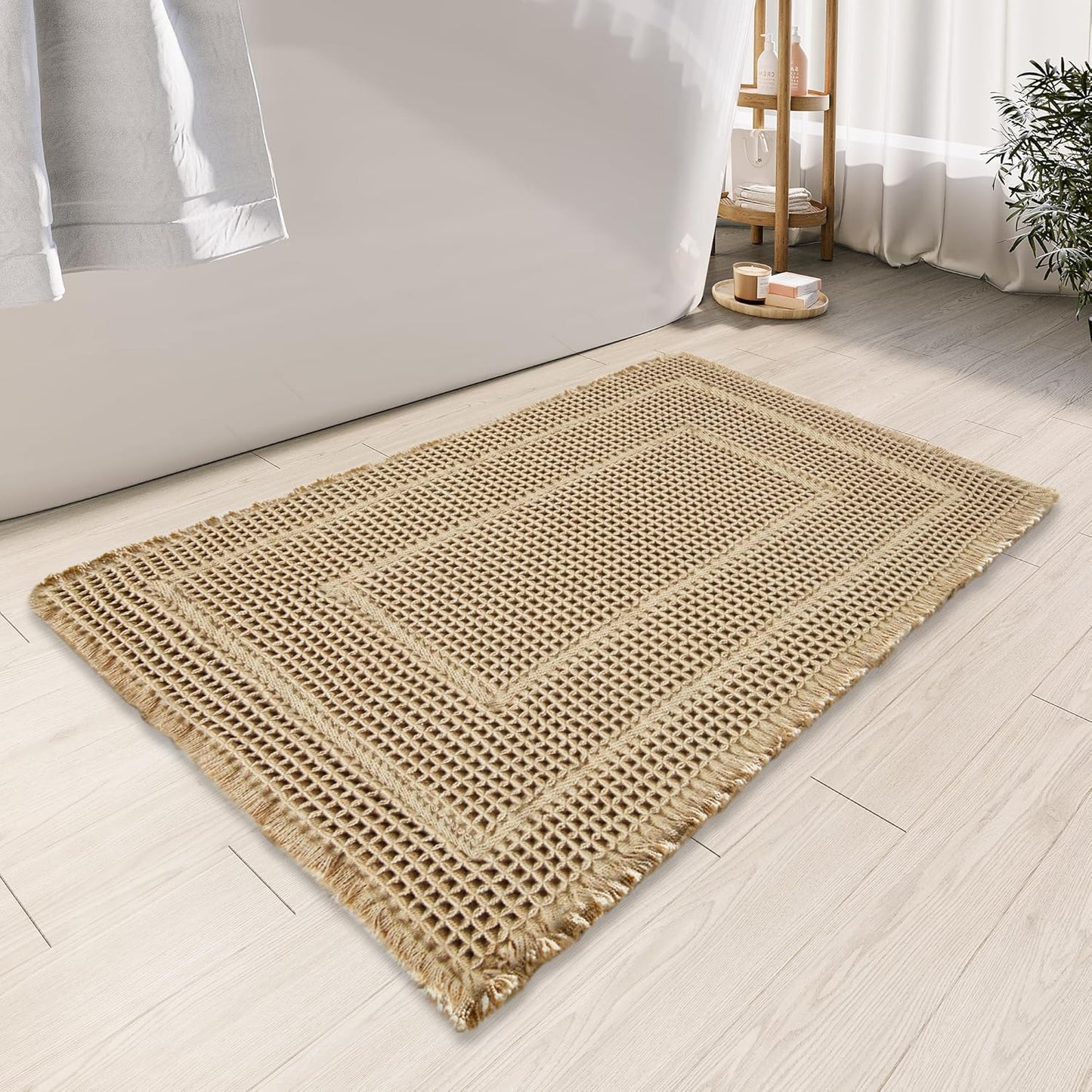 Bathroom Decor - Upgraded Waffle Bath Mat, Super Absorbent Non Slip Bath Carpet, Machine Washable, Quick Dry, Ultra Soft Brown 24" x 36"