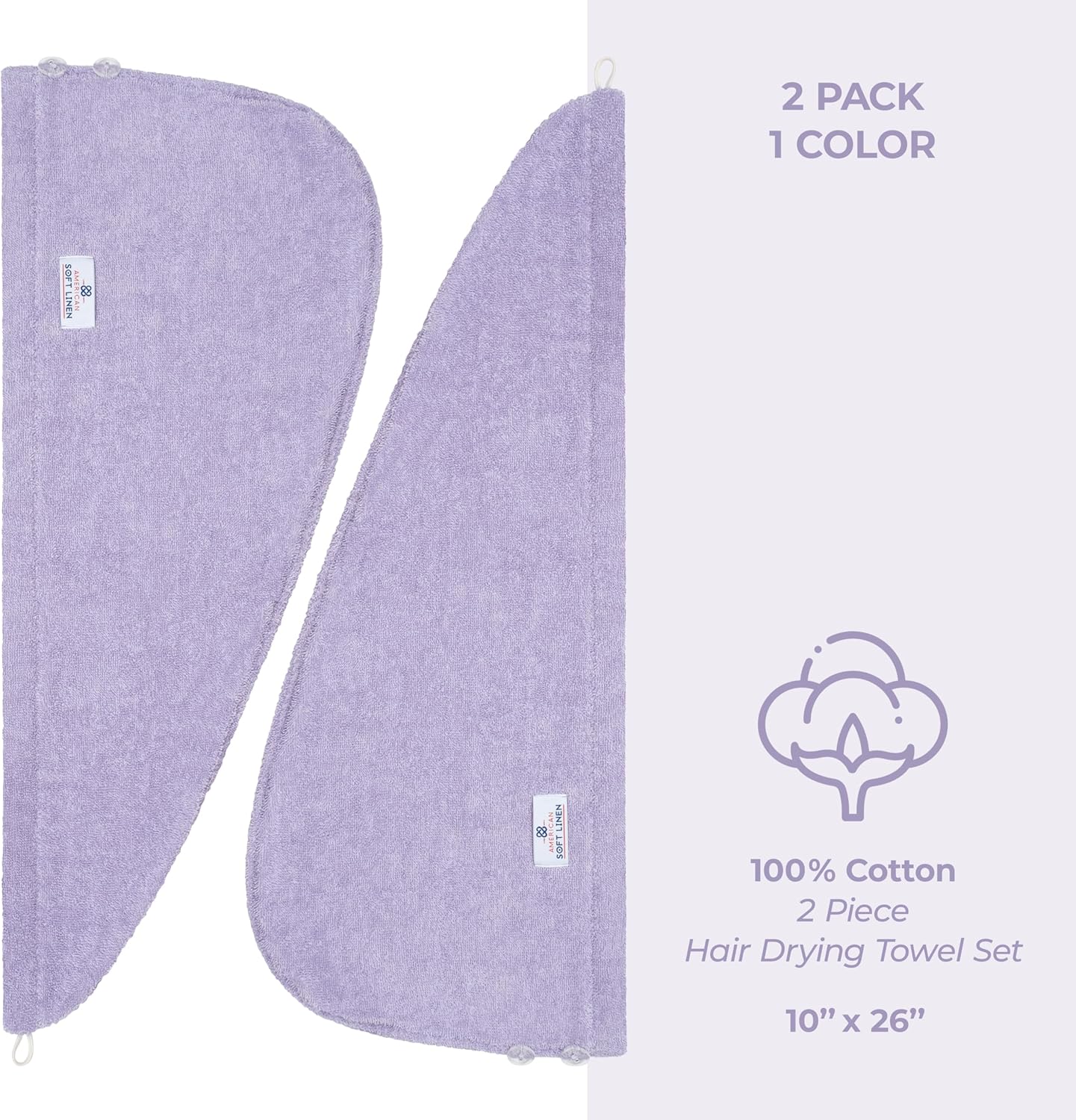 American Soft Linen 100% Cotton Hair Towels for Women, Head Towel Cap, Cotton Hair Turban Towel Wrap for Long Curly Anti Frizz Hair, Soft and Absorbent Cotton Hair Towels 2 Pack, Lilac