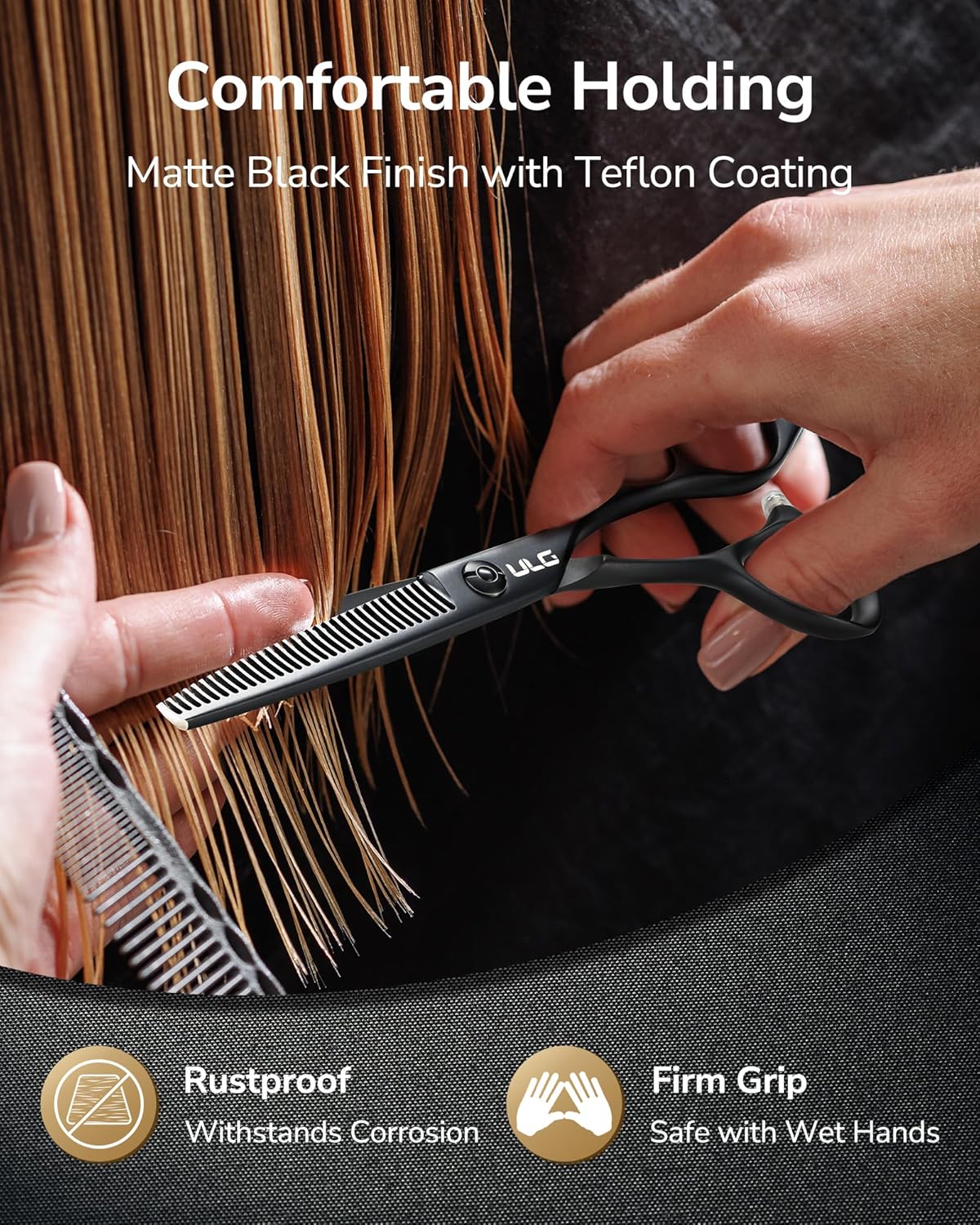 ULG Seamless Thinning Scissors – Professional Stainless Steel, Teflon Coated, Ergonomic Offset Handles, Precision Serrated Blades for Natural Hair Thinning and Layering, Ideal for Stylists and Barbers