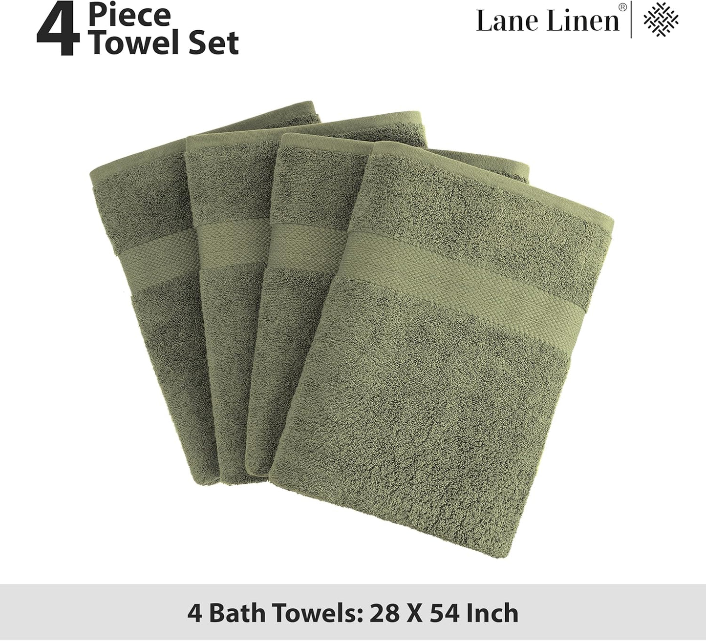 Lane Linen 100% Cotton 4 Pack Bath Towels (28"x54") - Ring Spun Mercerized Cotton Bathroom Towels Set - Quick Dry, Highly Soft & Absorbent Large Bath Towels - Tumble Dry Regains Fluffiness - Oil Green