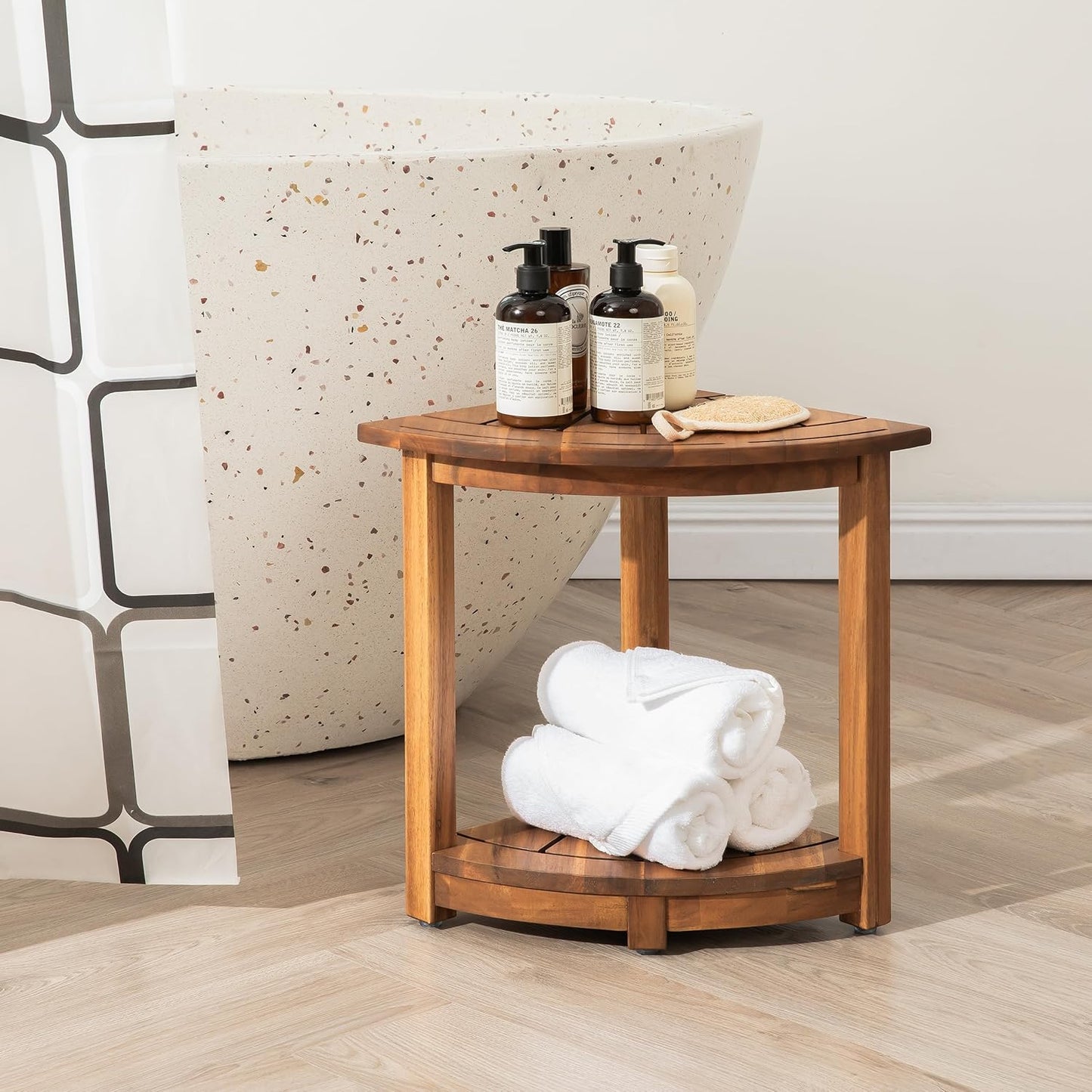 Acacia Corner Shower Stool, Waterproof Spa Foot Rest & Bath Bench with Storage Shelf & Soap Dish, Ideal for Bathroom, Shaving Legs, or as Small Corner Table/Step Stool (Natural)