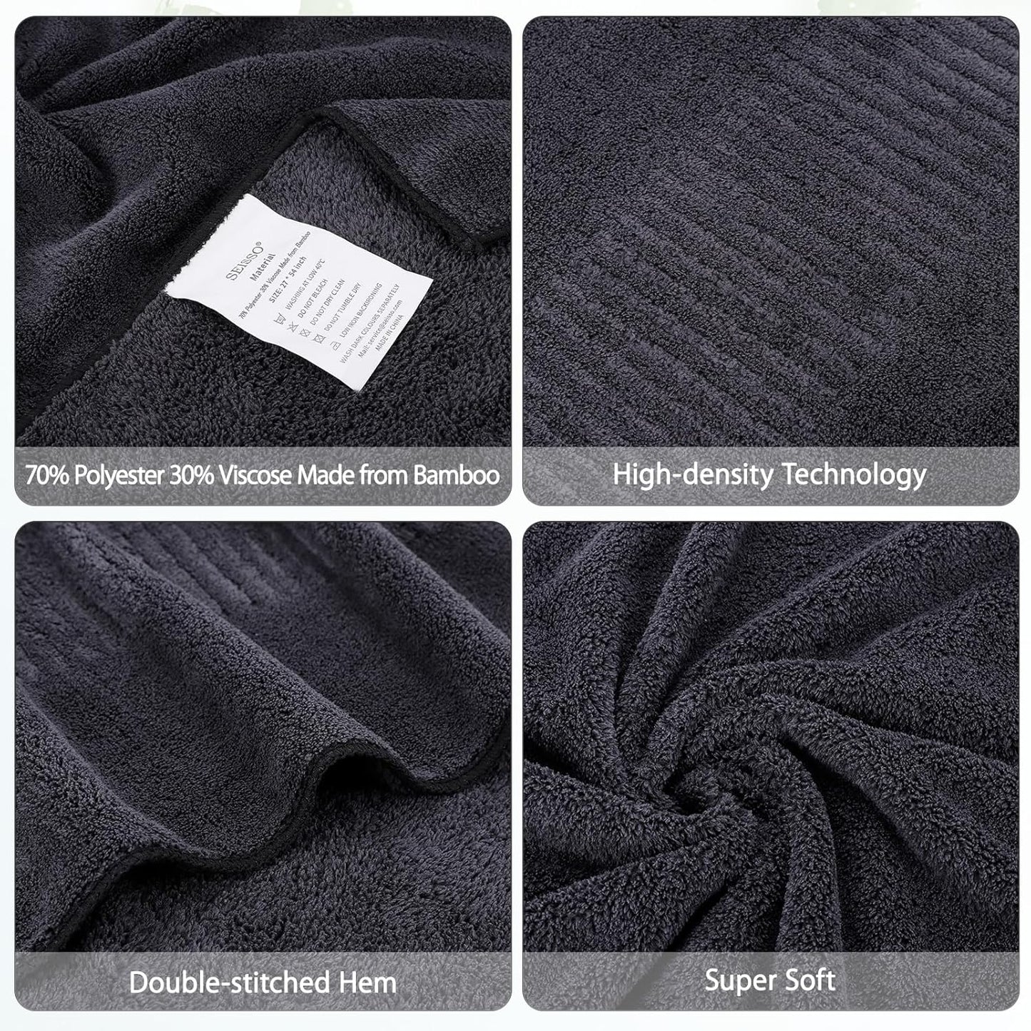 SEISSO Bath Towels,Extra Absorbent & Quick Drying Towels for Bathroom,Fibre Large Bath Towel,Super Soft Multipurpose Use for Fitness,Spa,Sports Towels,Yoga Towel (Dark Grey, 2 Piece Bath Towels)