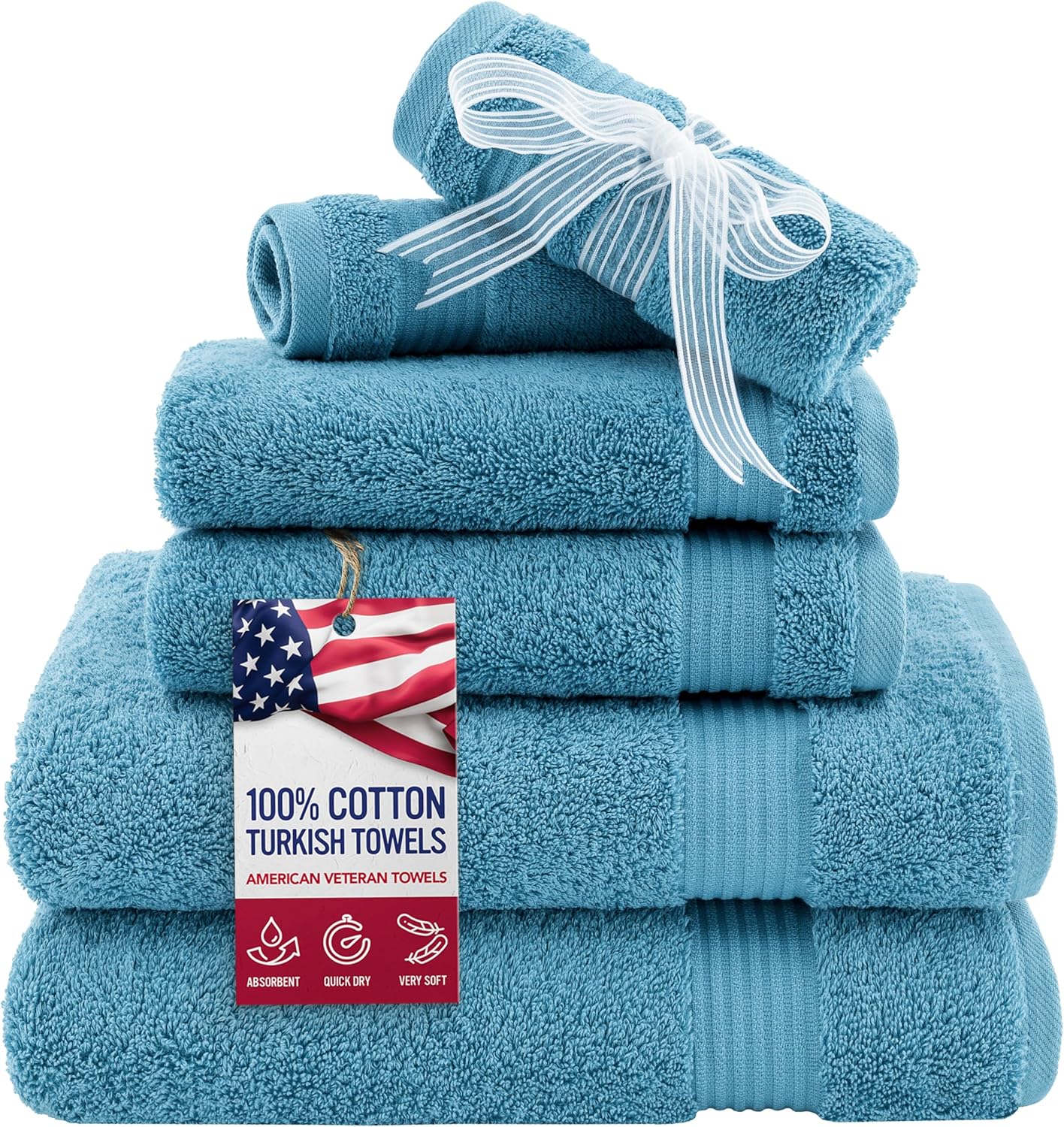 American Veteran Towel, 6 Piece Towel Set for Bathroom, 100% Cotton Turkish Bathroom Towels, 2 Bath Towels 2 Hand Towels 2 Washcloths, Sky Blue