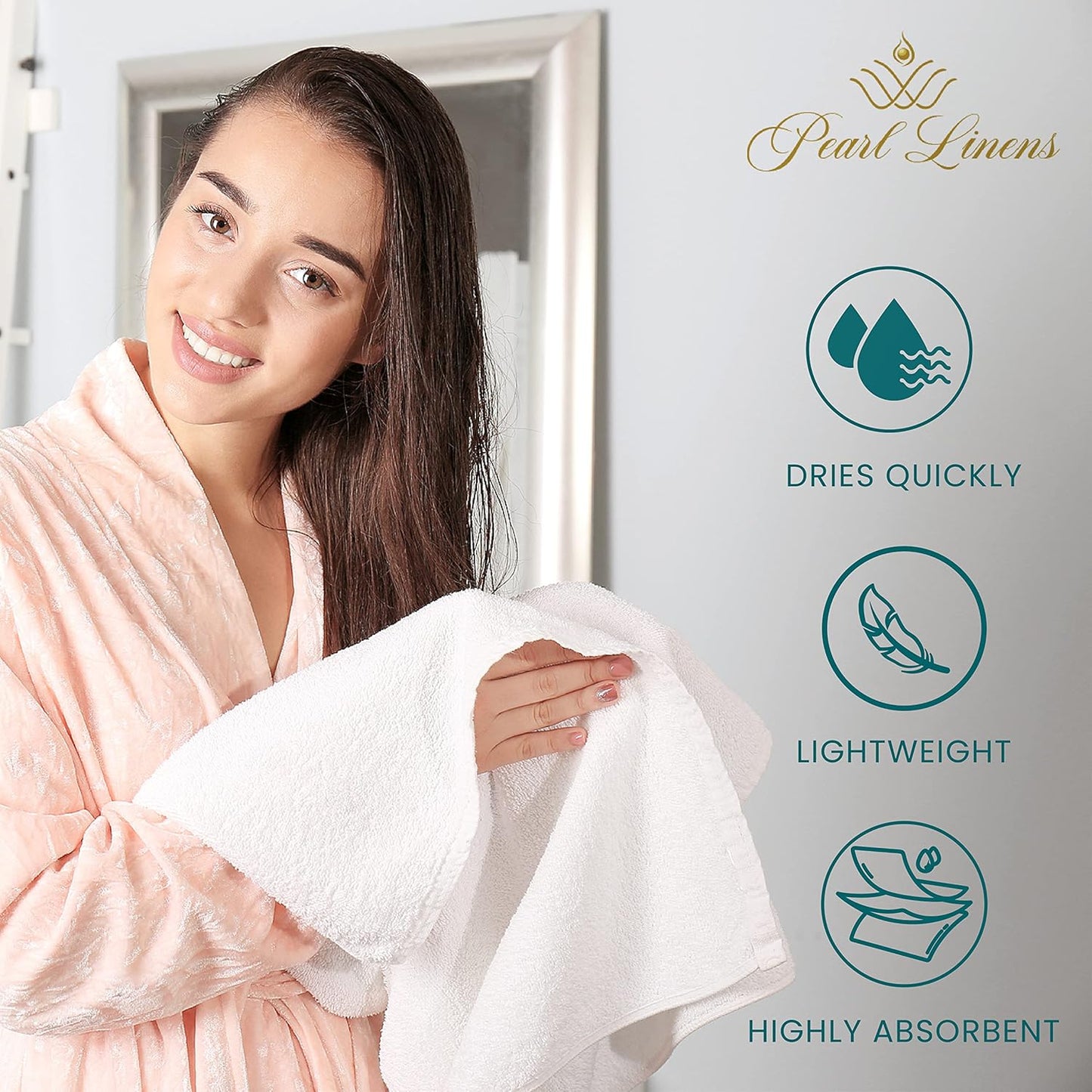 Pearl Linens Bath Towel Set of 12, Economy Cotton 20x40 Hotel Quality White Bath Towels Bulk, Lightweight and Highly Absorbent Quick Dry Towel for Home, Hotel, Spa, Gym and Bathroom, White Towel