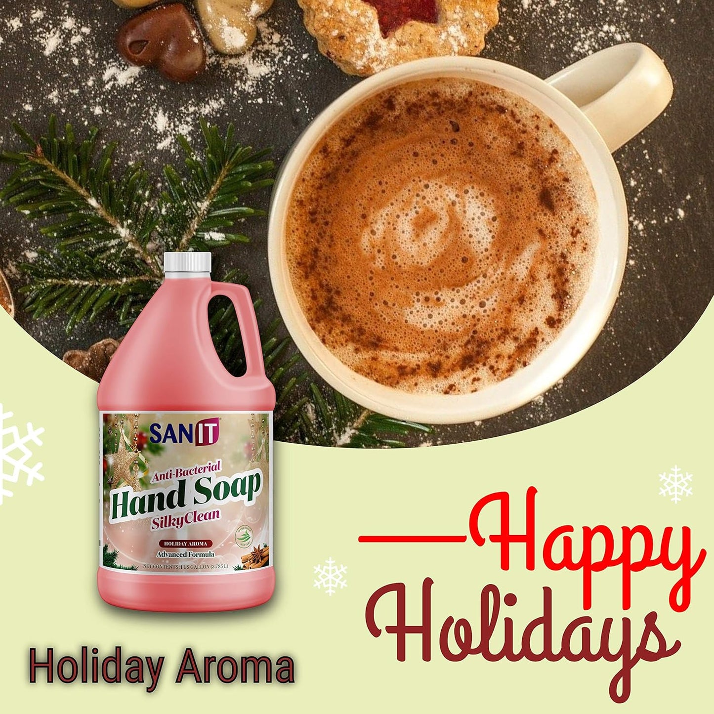 Sanit Silky Clean Antibacterial Liquid Gel Hand Soap Refill - Advanced Formula with Coconut Oil and Aloe Vera - All Natural Moisturizing Hand Wash - Made in USA, Holiday Aroma, 1 Gallon