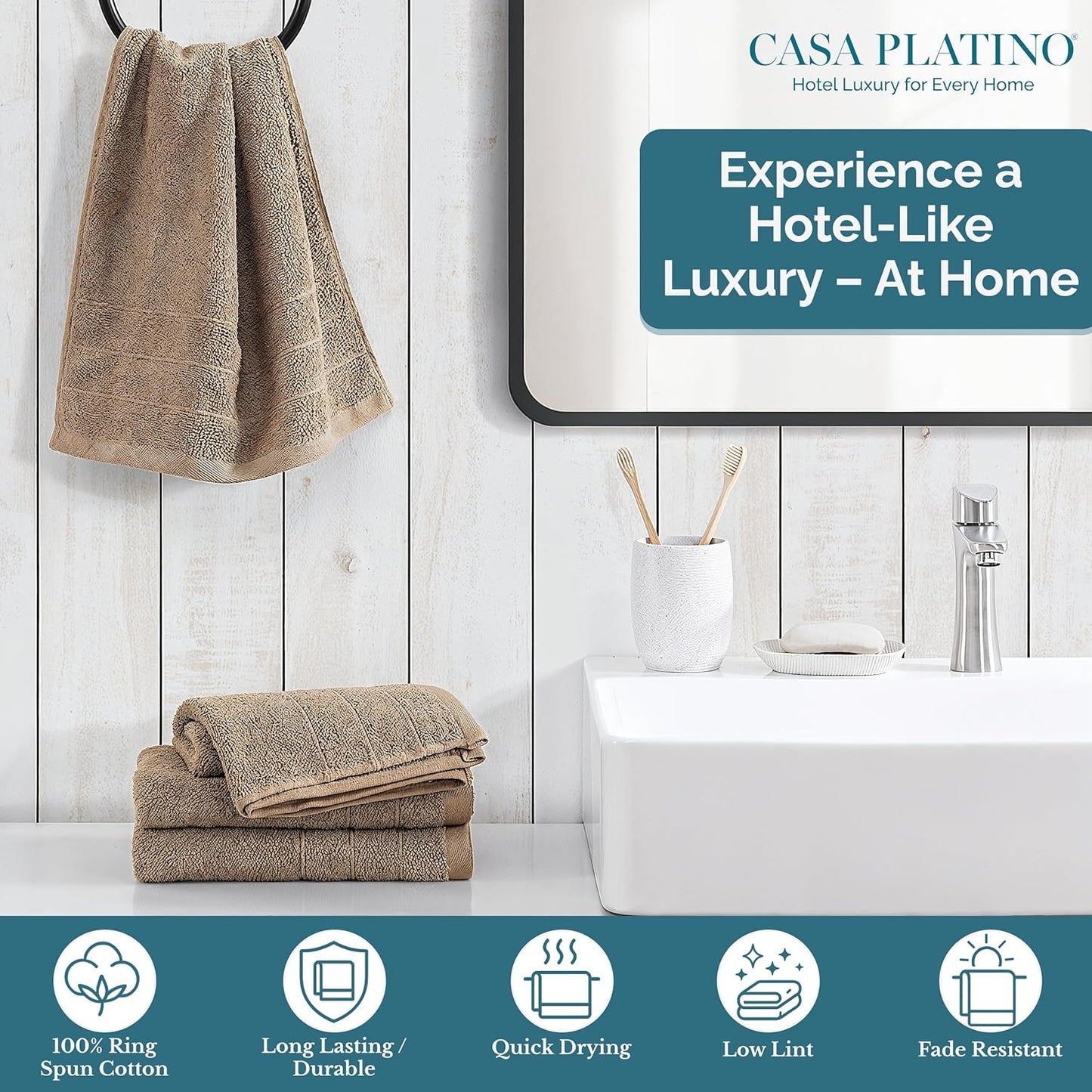 Casa Platino 4 Pack 100% Cotton Hand Towels (16"x28") - Ring Spun - Quick Dry, Soft & Absorbent Hand Towels Set of 4 - Hotel, Spa, Beauty, Gym, Bathroom - Remains Soft After Multiple Washes - Taupe