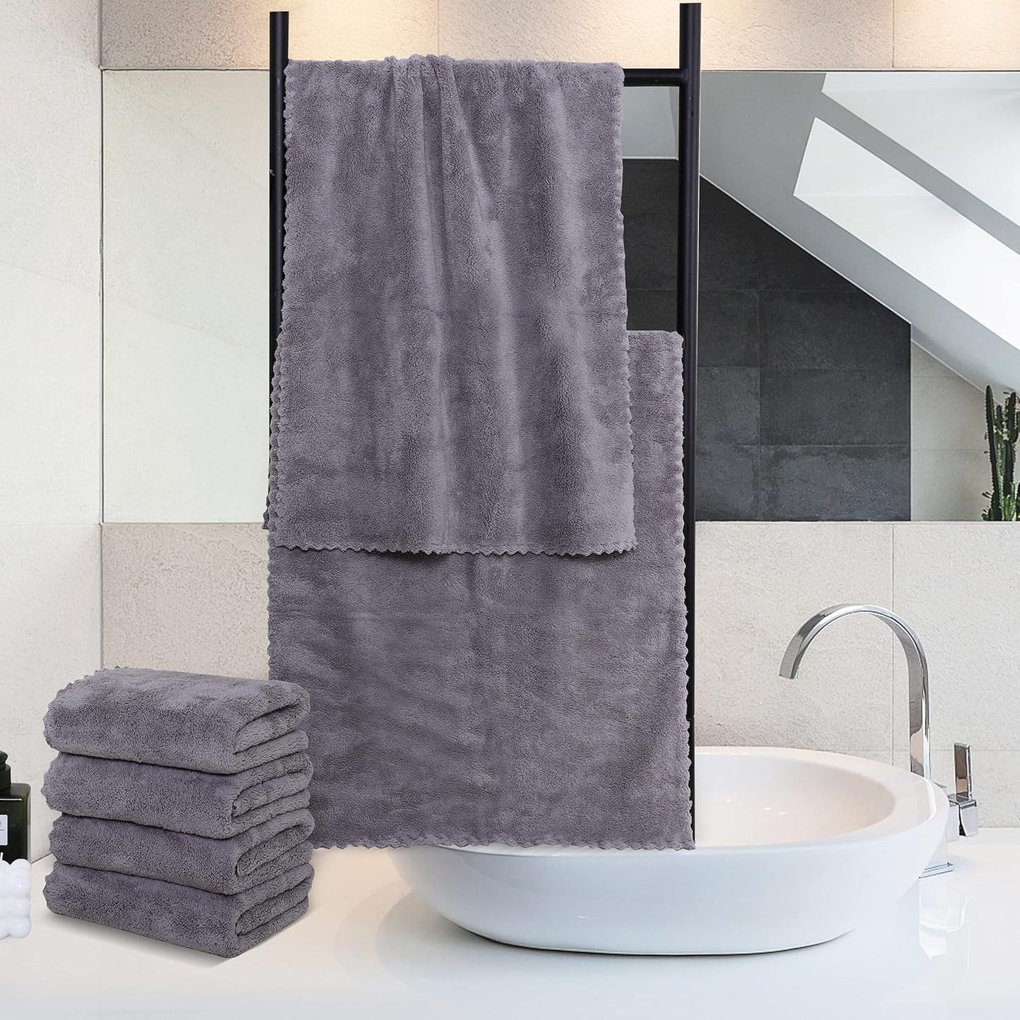 MOONQUEEN 6 Pack Premium Hand Towels - Quick Drying - Microfiber Coral Velvet Highly Absorbent Towels - Multipurpose Use as Hotel, Bathroom, Shower, Spa, Hand Towel 16 x 28 inches (Light Grey)