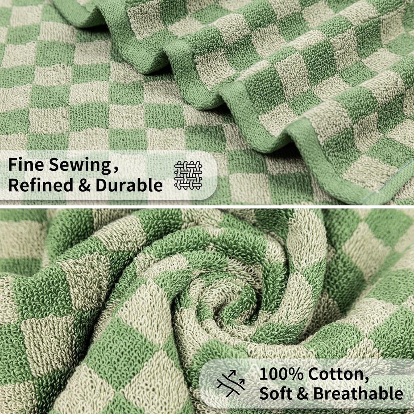 Checkered Bath Towels Set of 6 Large, 520GSM, 100% Cotton Shower Towels * 2 (55.12"*27.56"), Hand Towels * 4 (29.52"*13.77"),Towels for Bathroom、Pool、Hotel, Spa, Soft Absorbent（Dark Green