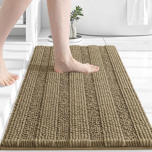 Grandaily Chenille Striped Bathroom Rugs 30x20, Extra Thick and Absorbent Bath Mats, Non-Slip Soft Plush Shaggy Shower Carpet, Machine Wash Dry, Bath Rug for Bathroom, (Medium, Tan)