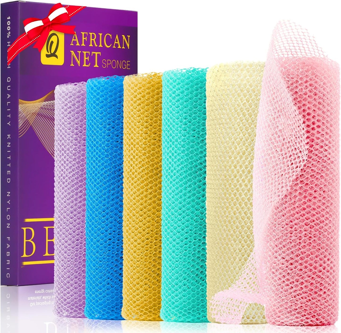 UJFQBH 6 Pieces African Net Sponge Long Bath Sponge Exfoliating Shower Body Scrubber for Daily Use, Terrific for Smoother Skin - Back Scrubber for a Refreshing Experience (Purple - Orange)