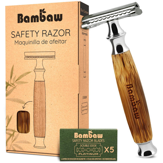 Bambaw Double Edge Safety Razor for Men & Women, Double Edge Razor with 5 Blades, Eco-Friendly Safety Razors, Reusable & Plastic Free – Thick Bamboo Silver