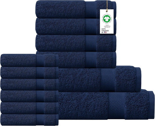 Delara 100% Organic Cotton Towels 650 GSM Plush Feather Touch Quick Dry Towel, 12-Piece Towel Set GOTS Certified, Oeko-Tex Green Certified, 1 Bath Towel, 1 Bath Sheet, 4 Hand Towels & 6 Wash Cloths