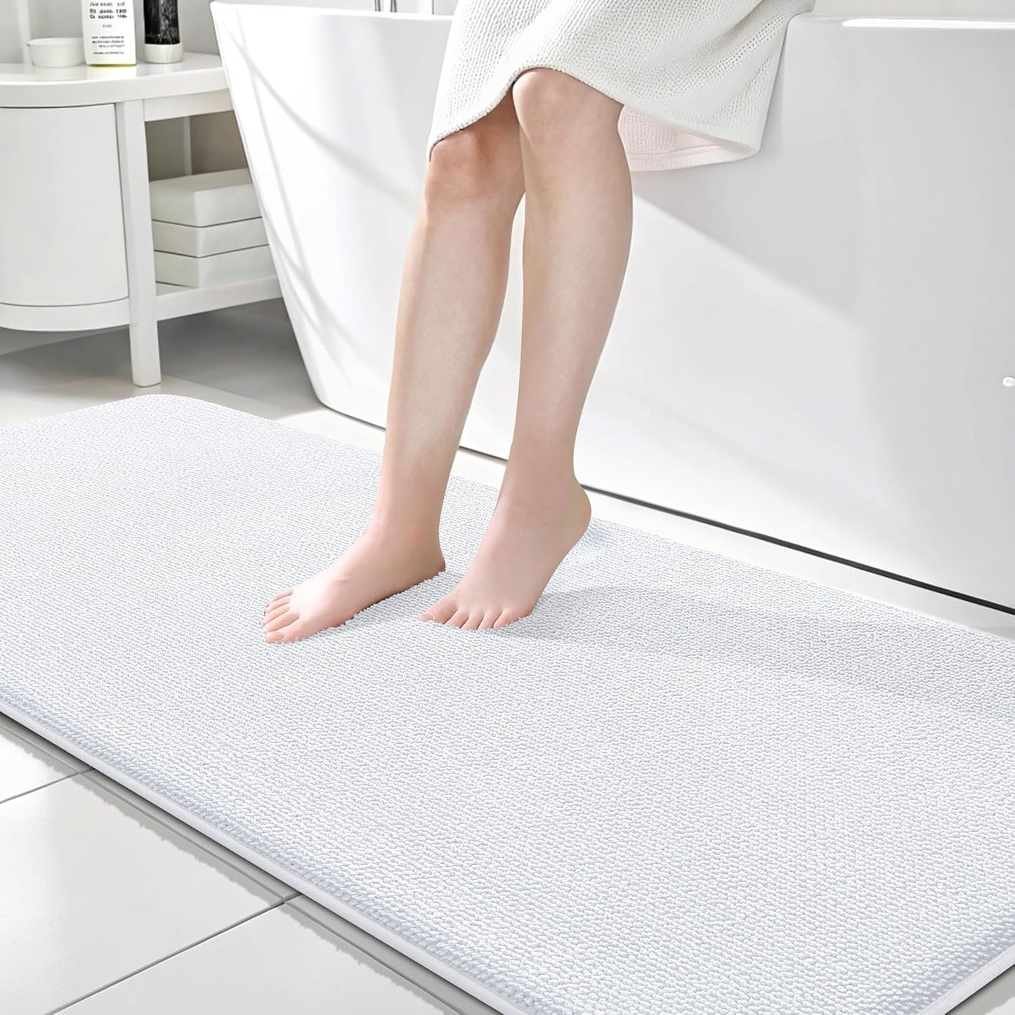 OLANLY Thick Memory Foam Bath Mat Rug 70x24, Extra Soft Absorbent Bathroom Rug, Quick Dry Bath Mats, Non-Slip, Machine Washable Carpet for Bathroom, Tub and Shower, Home Decor Accessories, White