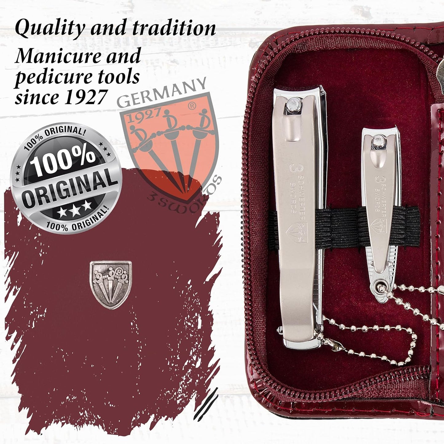 3 Swords Germany - brand quality 3 piece manicure pedicure grooming kit set for professional finger & toe nail care tool clipper fashion leather case in gift box, Made by 3 Swords (6233)