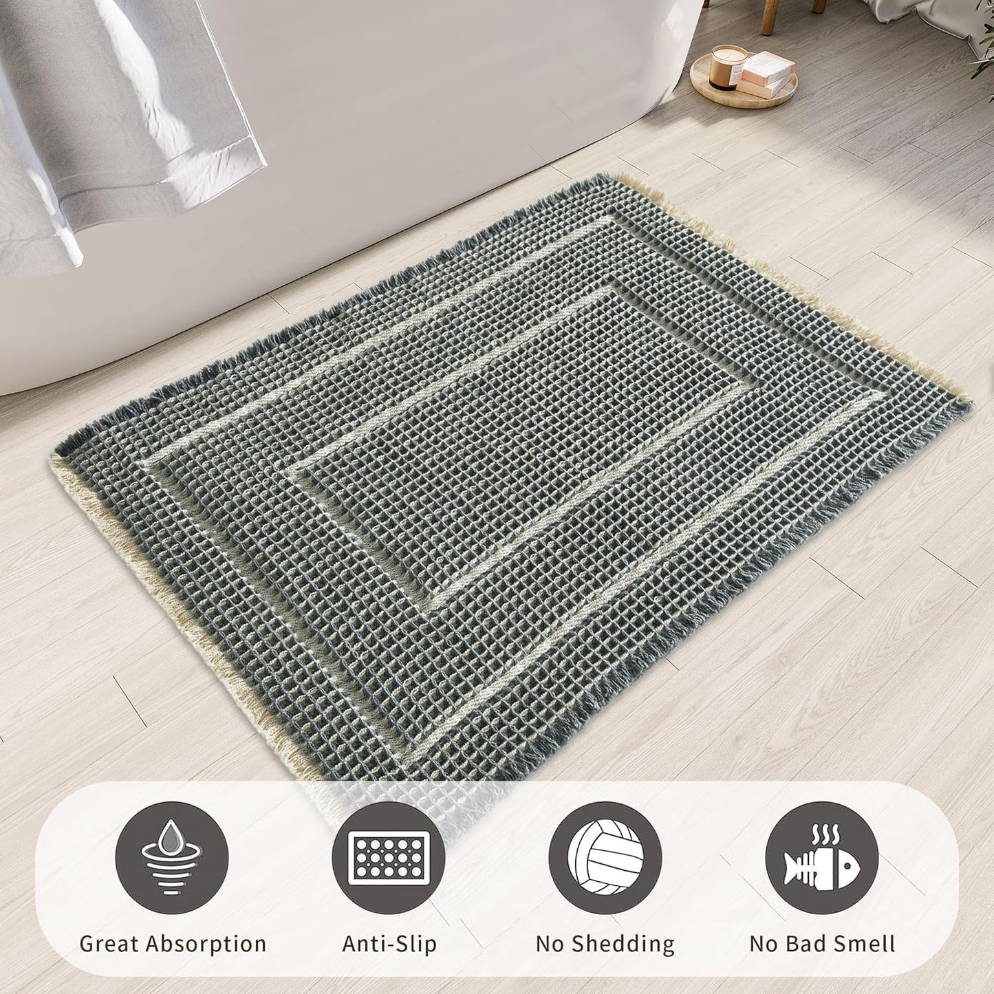 Bath Boho Floor Mat,Waffle Bath Rug,Super Absorbent Bathroom Mat,Bath Rugs Non Slip Washable, Quick Dry Shower Mats, Ultra Soft Bath Mat Towel,Bluish Grey & Yellow,18"*30"