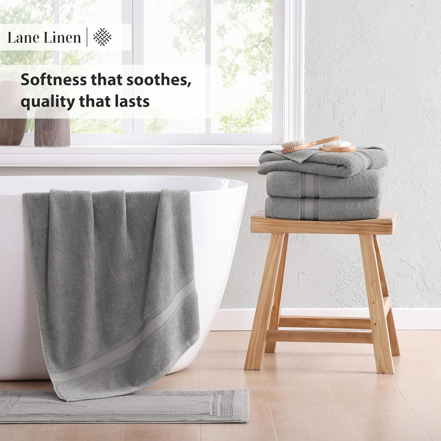LANE LINEN 100% Cotton Bath Towels Set of 4 (28"x54") - Zero Twist, Mercerized Cotton Extra Large Bathroom Towel Sets - Quick Dry, Soft & Absorbent Grey Towels Set - Pre Shrunk, Fade Resistant - Grey