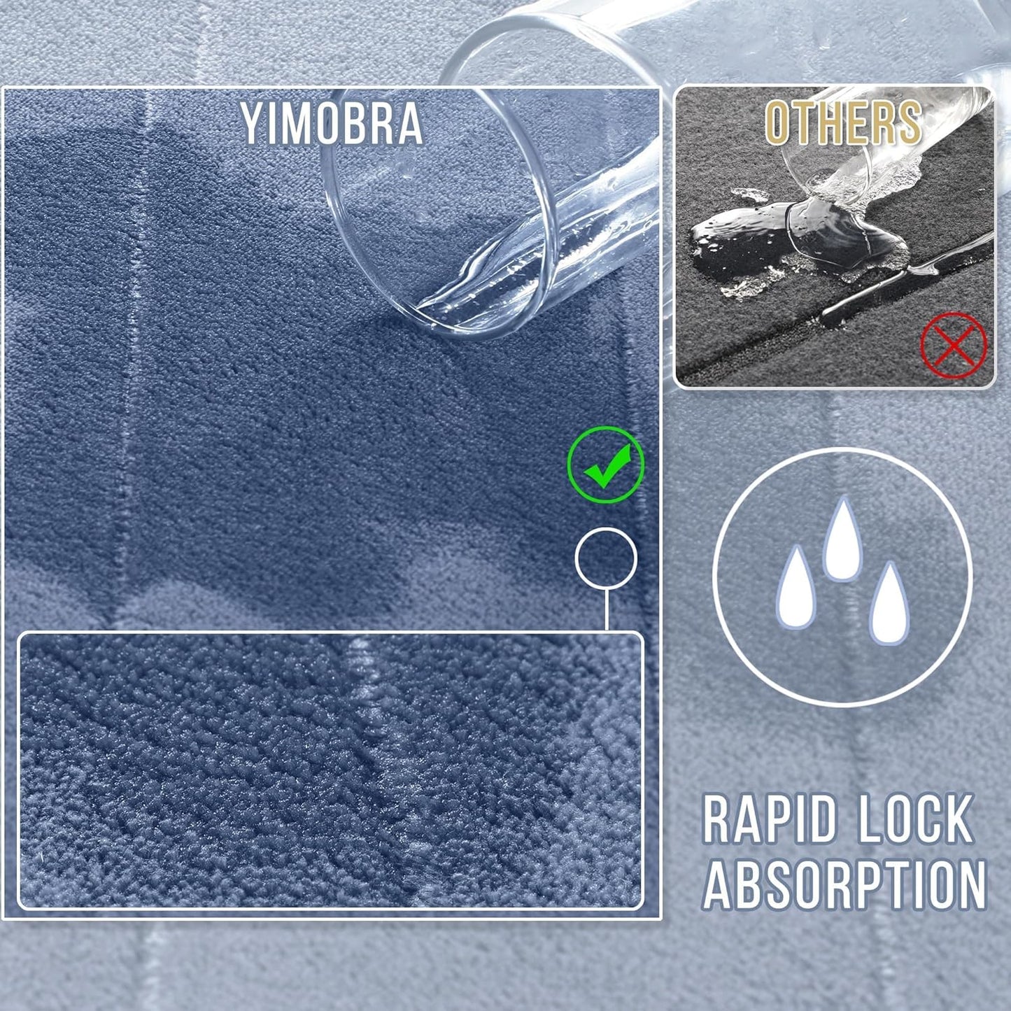 Yimobra Long Bath Mat 44"x24", Super Soft Quick Dry Memory Foam Bathroom Rug, Water Absorbent, Non Slip Backing Machine Washable for Tub Shower, Thick Comfort Support, Denim Blue