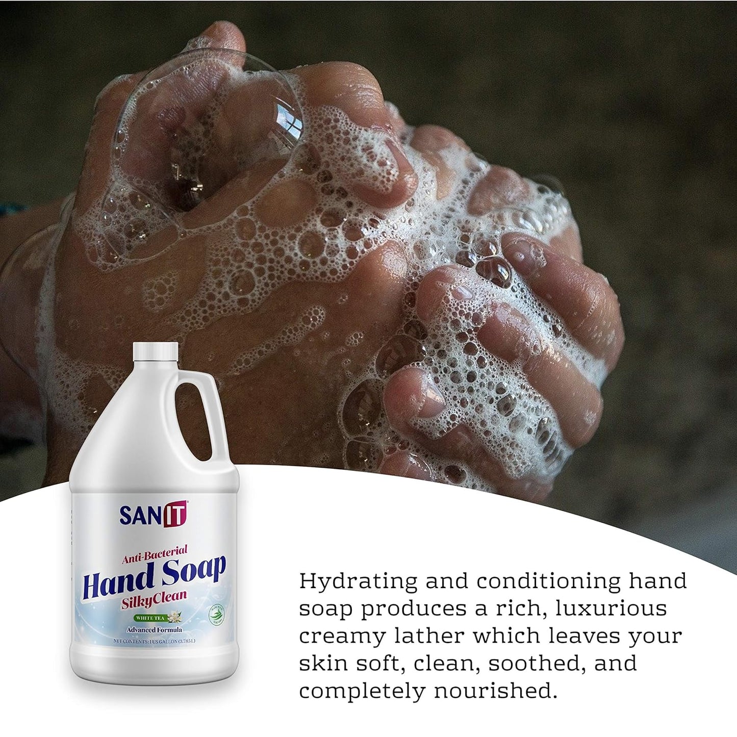 Sanit Silky Clean Antibacterial Liquid Gel Hand Soap Refill - Advanced Formula with Coconut Oil and Aloe Vera - All Natural Moisturizing Hand Wash - Made in USA, White Tea, 1 Gallon