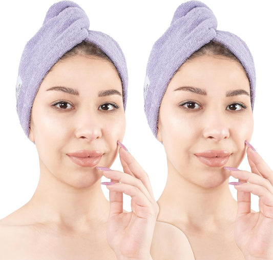 American Soft Linen 100% Cotton Hair Towels for Women, Head Towel Cap, Cotton Hair Turban Towel Wrap for Long Curly Anti Frizz Hair, Soft and Absorbent Cotton Hair Towels 2 Pack, Lilac
