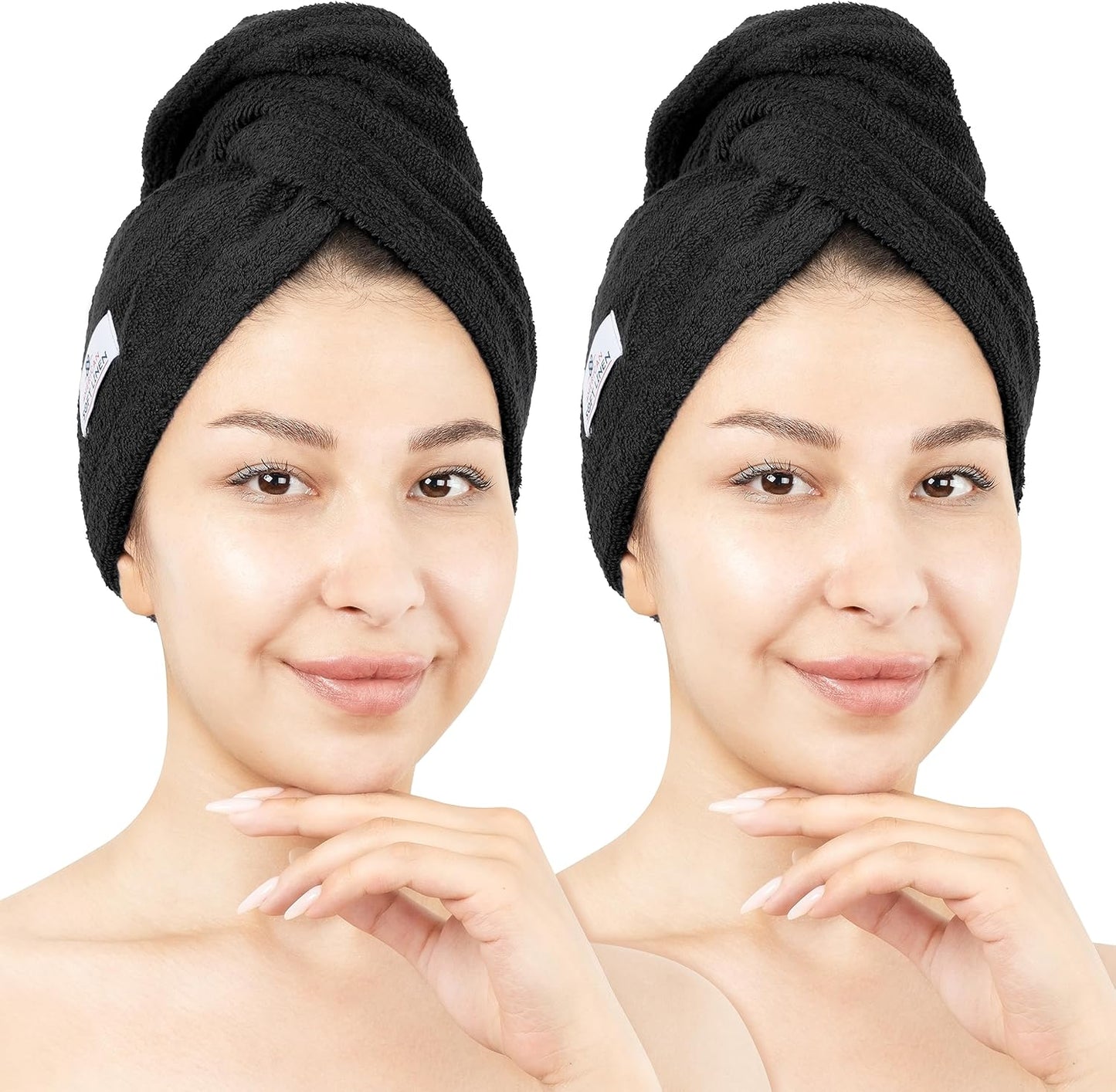 American Soft Linen 100% Cotton Hair Towels for Women, Head Towel Cap, Cotton Hair Turban Towel Wrap for Long Curly Anti Frizz Hair, Soft and Absorbent Cotton Hair Towels 2 Pack, Black