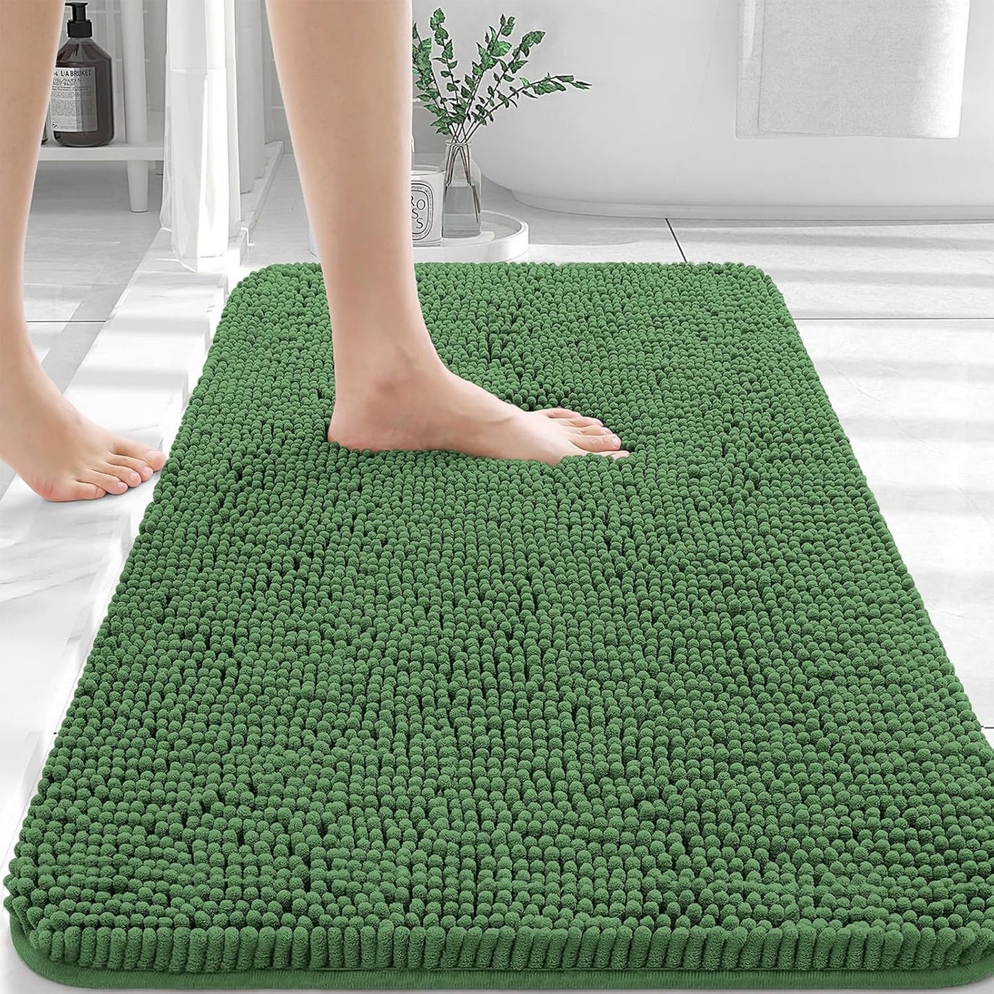 OLANLY Bathroom Rugs 36x24, Extra Soft Absorbent Chenille Bath Rugs, Rubber Backing Quick Dry, Machine Washable Bath Mats for Bathroom Floor, Tub and Shower, Home Decor Accessories, Olive Green