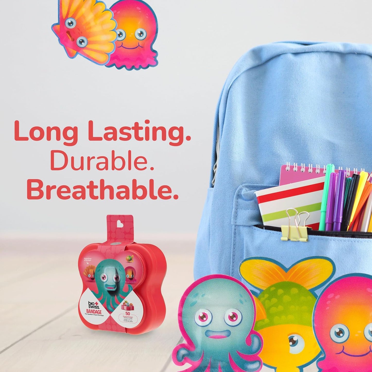 BioSwiss Kids Bandages, Aquateam Sea Creatures Shaped Self Adhesive Bandage Set, Latex Free, Sterile Wound Care, 50 Count