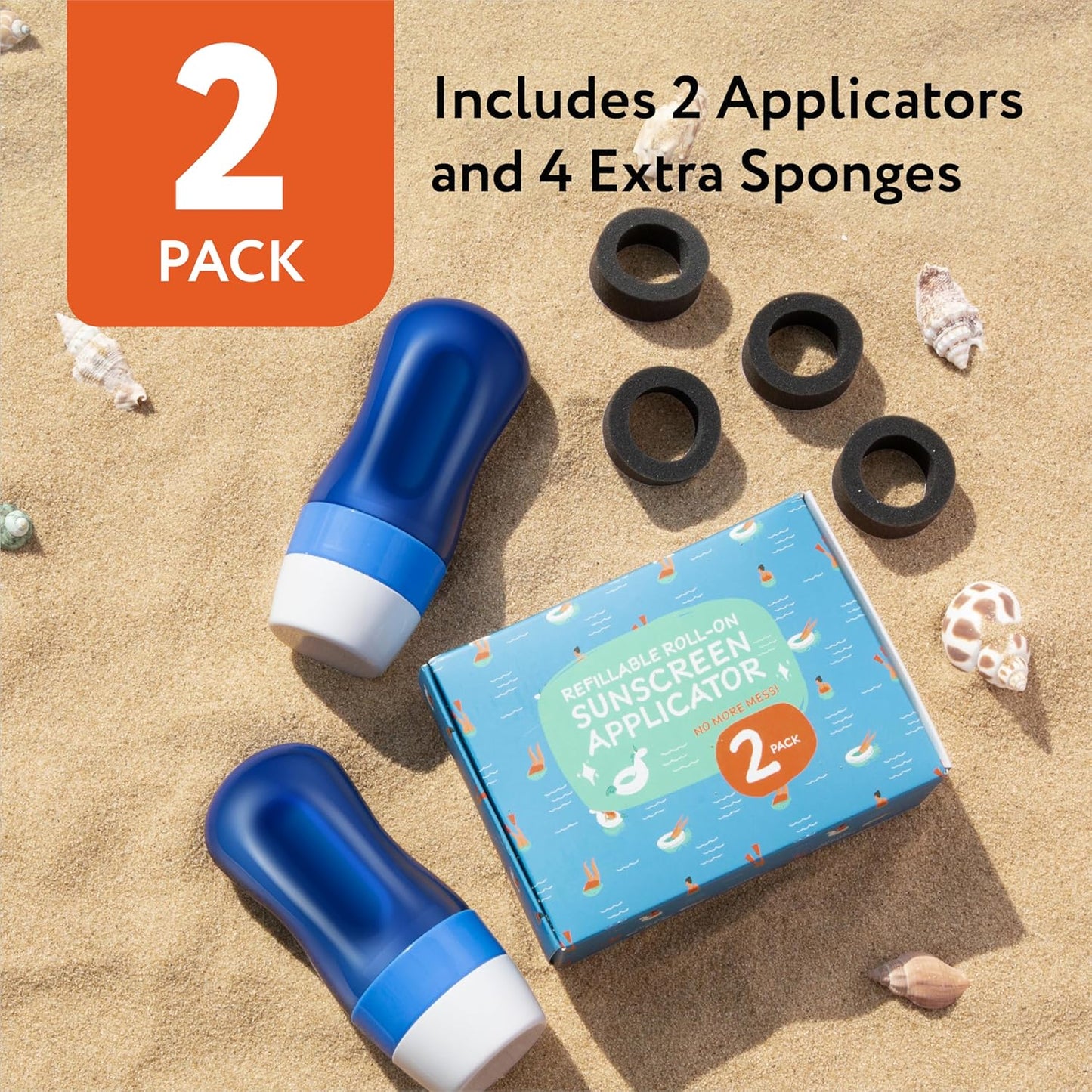 Sunscreen Applicator - 2 Pack, 6 fl oz - Refillable Sunscreen Roller & Replacement Sponge Heads - Roller Bottle Lotion Applicator for Easy Even Coverage for Kids & Adults