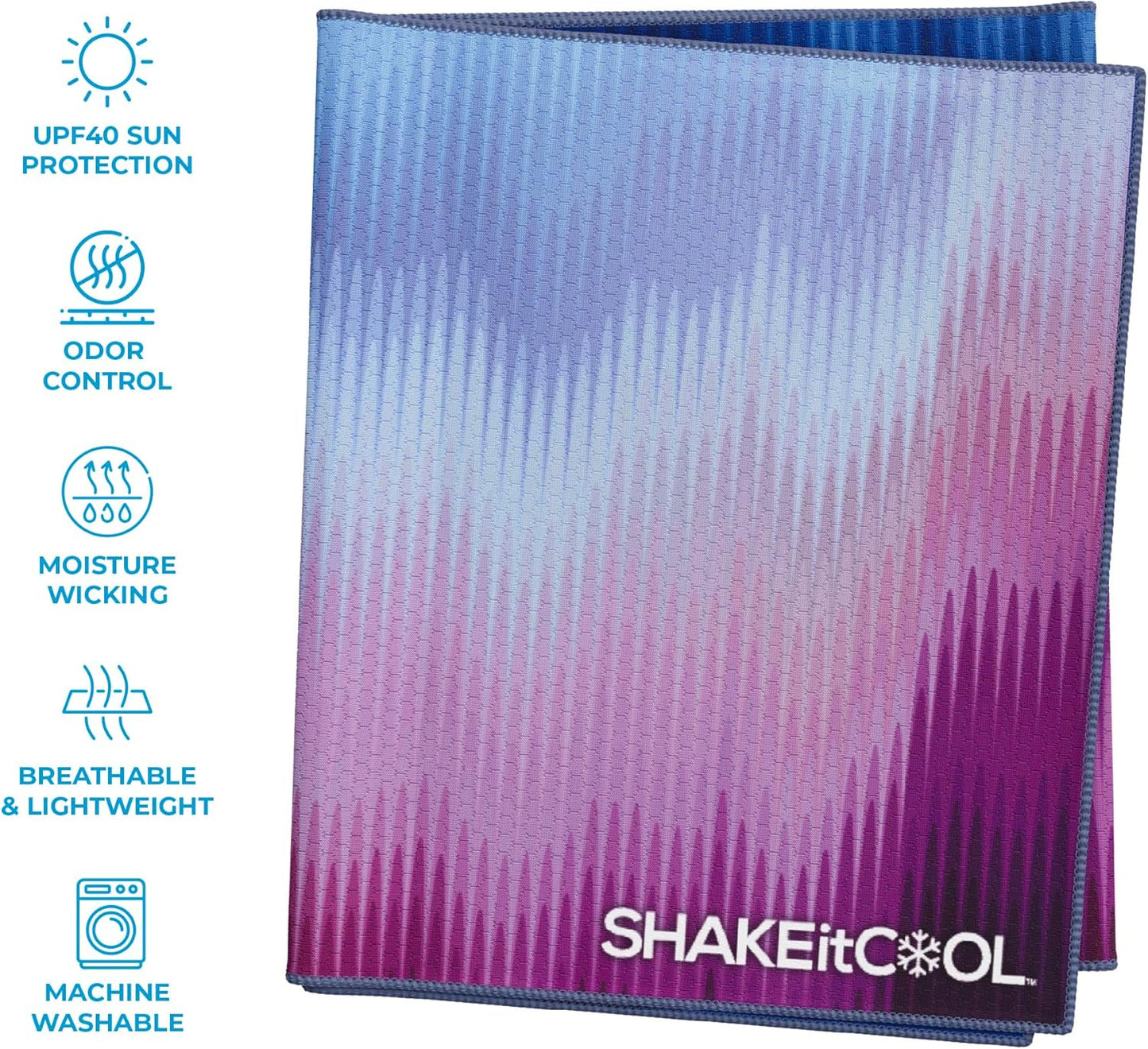SHAKEitCOOL Extended Size Cooling Towel – Be Cool in Style - Heat Relief, Soft, Lightweight, Sun Protection, Easy Clean - Perfect for Biking, Hiking, Running, Yoga, Golf - Blue Purple Wave M