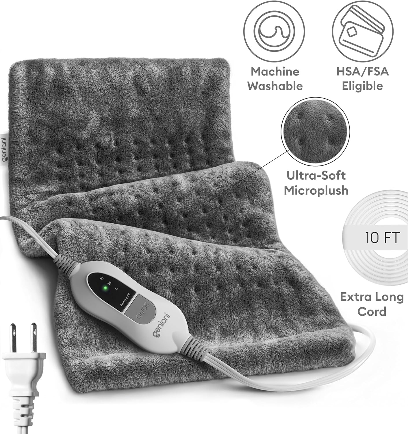 GENIANI Electric Throw - XL Electric Heating Pad for Back Pain & Cramps Relief, Birthday for Women Men Auto Shut Off, Machine Washable, Heat Pad for Neck & Shoulder, 12×24", Tabby Gray