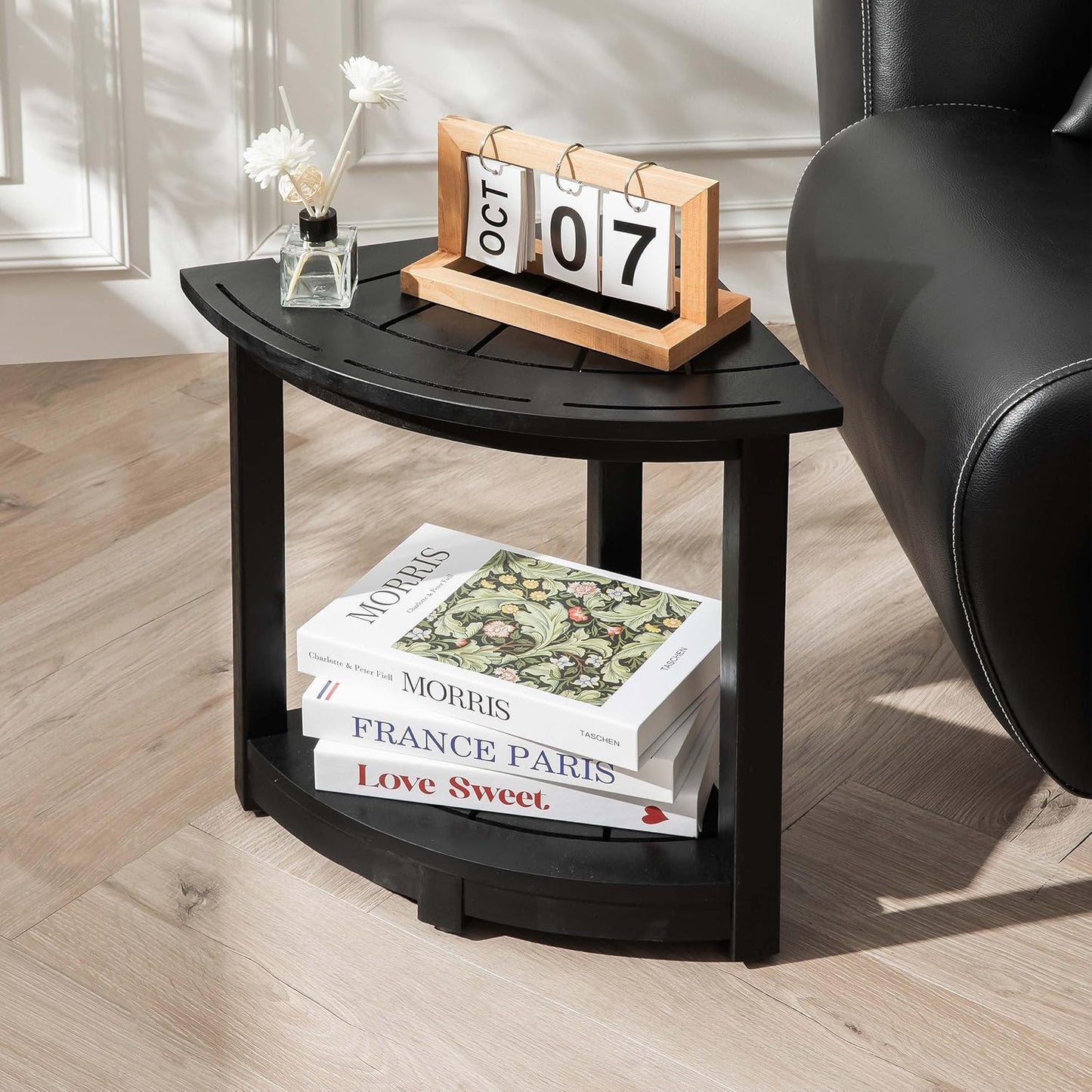 Acacia Corner Shower Stool, Waterproof Spa Foot Rest & Bath Bench with Storage Shelf & Soap Dish, Ideal for Bathroom, Shaving Legs, or as Small Corner Table/Step Stool (Black)