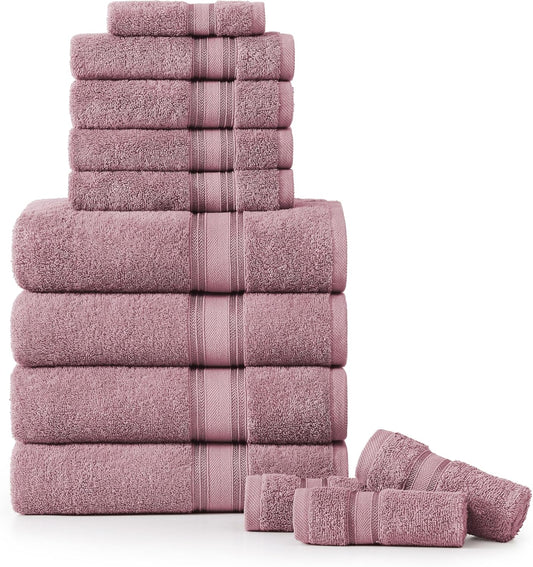 LANE LINEN Luxury Bath Towels Set - 12 Piece Set, 100% Cotton Bathroom Towels, Zero Twist, Quick Dry Shower Towel, Absorbent Bath Towel, 4 Bath Towels, 4 Hand Towels, 4 Wash Cloths - Wishful Mauve