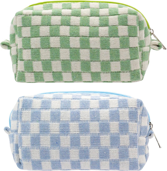 PAZIMIIK Checkered Makeup Bag for Purse Portable Zipper Make Up Pouch Small Cosmetic Case for Travel Accessories (2PCS Blue Light Green)