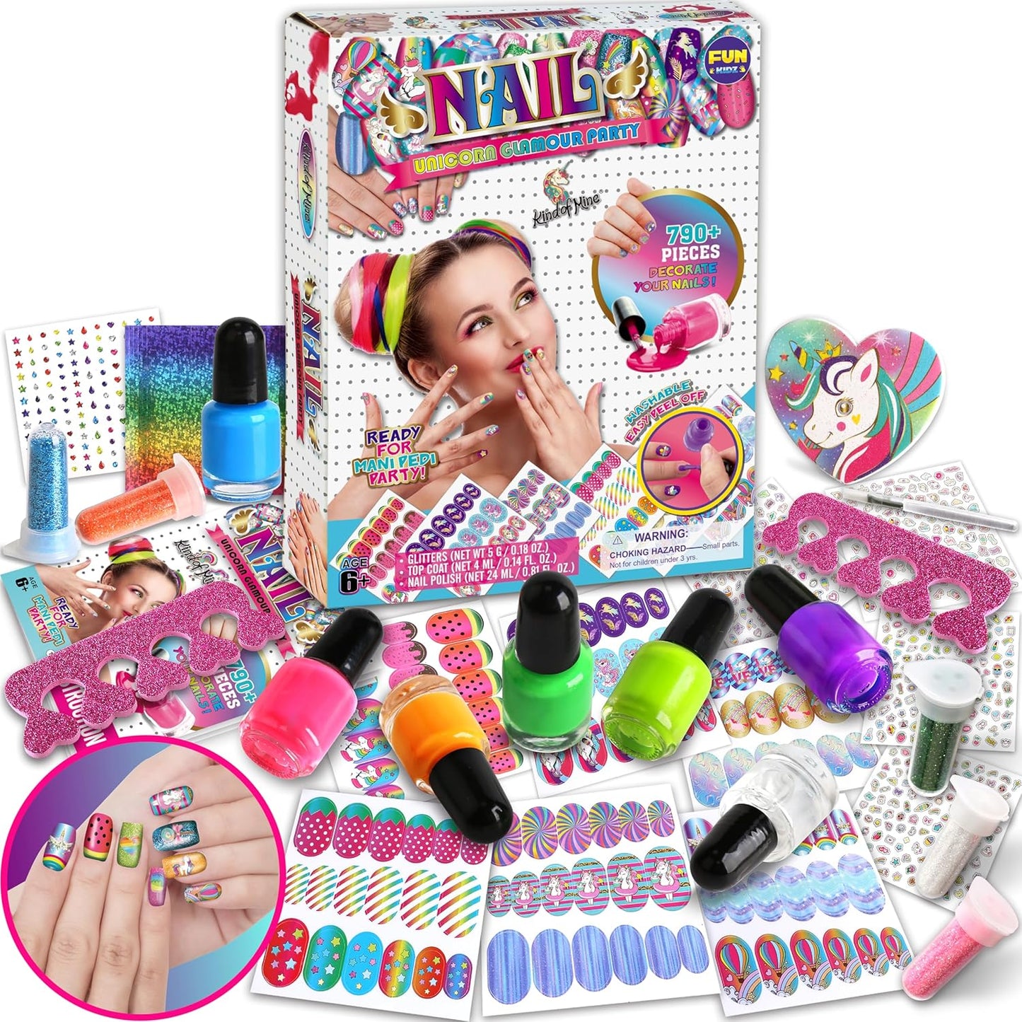 Toy Unicorn Nail Art for Girl 7-12, FunKidz Size 17.91Wx12.4L Ultimate Glamour Peelable Nail Polish Kit for Kids Fingernail Set Party Gifts