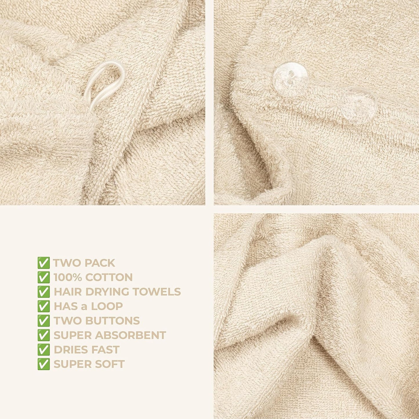 American Soft Linen 100% Cotton Hair Towels for Women, Head Towel Cap, Cotton Hair Turban Towel Wrap for Long Curly Anti Frizz Hair, Soft and Absorbent Cotton Hair Towels 2 Pack, Beige